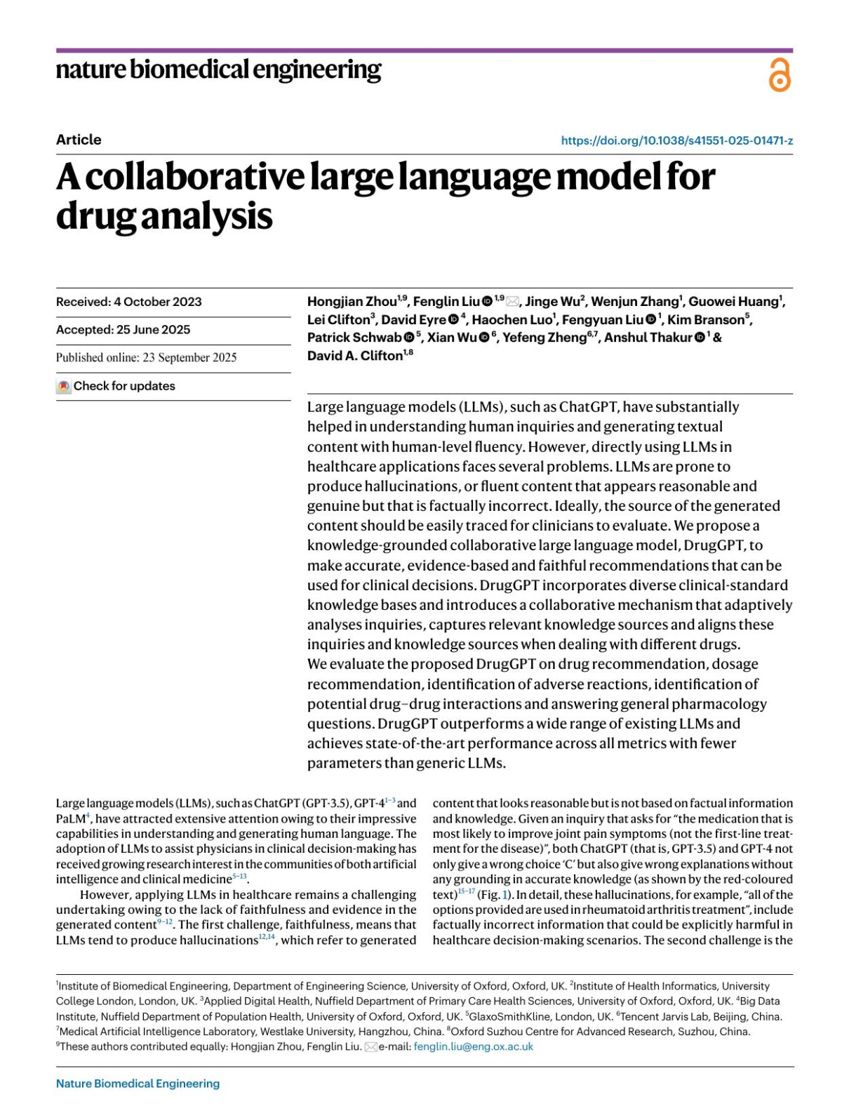 A Collaborative Large Language Model For Drug Analysis Hongjian Zhou Fenglin Liu Jinge Wu Wenjun Zhang Guowei Huang Lei Clifton David Eyre Haochen Luo Fengyuan Liu Kim Branson Patrick Schwab Xian Wu Yefeng Zheng Anshul Thakur David A Clifton