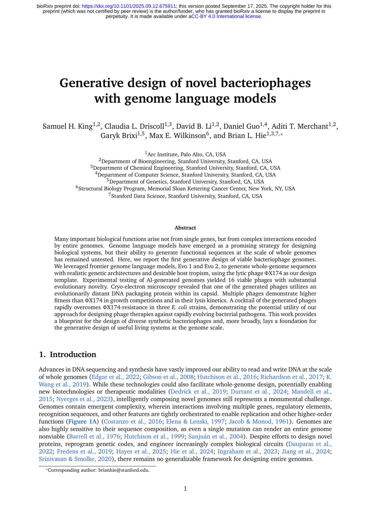 Generative Design Of Novel Bacteriophages With Genome Language Models Samuel H King