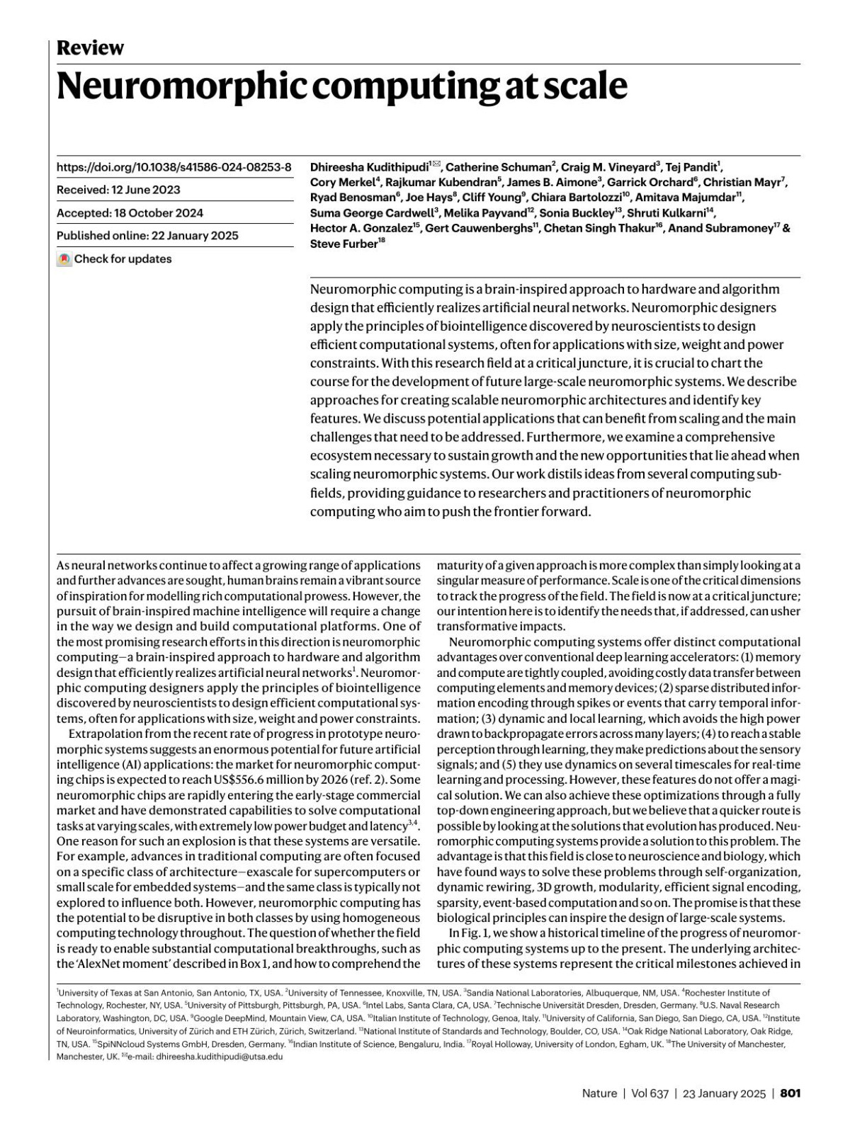 Neuromorphic Computing At Scale Dhireesha Kudithipudi Catherine Schuman Craig M Vineyard Tej Pandit Cory Merkel Rajkumar Kubendran James B Aimone Garrick Orchard Christian Mayr Ryad Benosman Joe Hays Cliff Young Chiara Bartolozzi Amitava Majumdar Suma