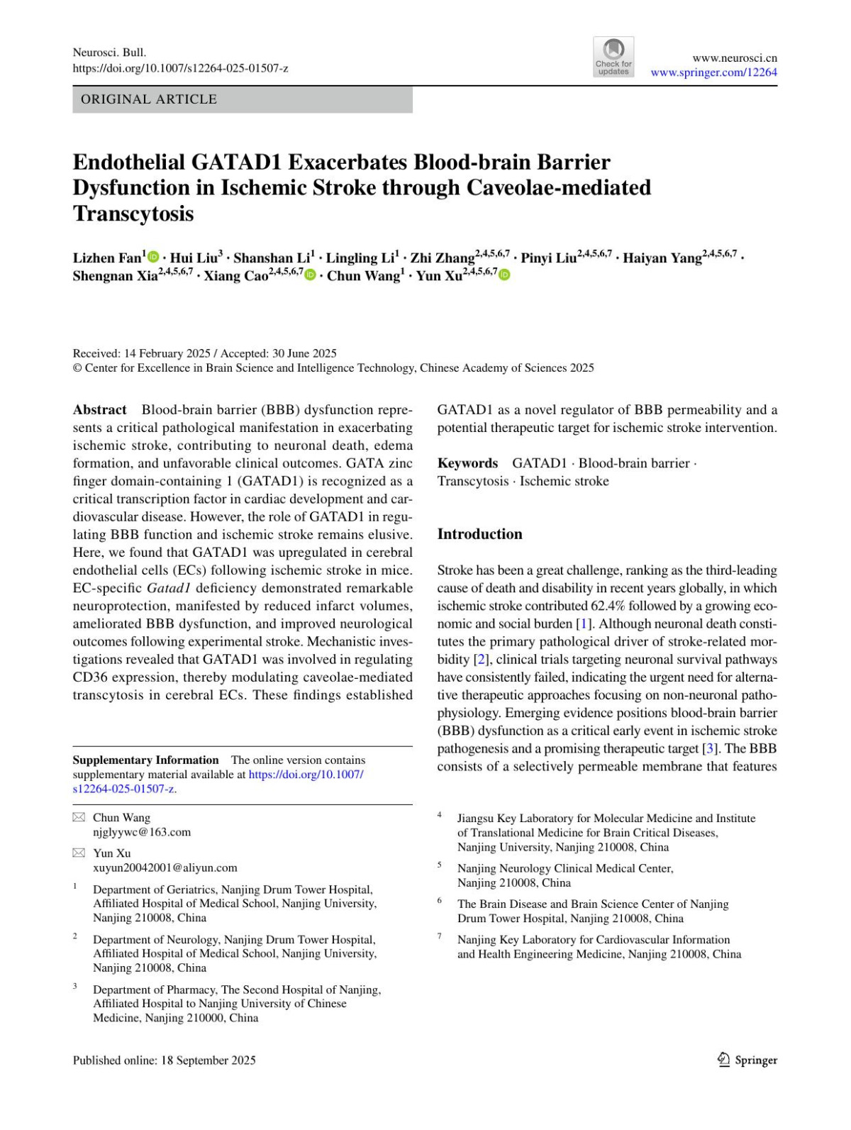 Endothelial Gatad1 Exacerbates Bloodbrain Barrier Dysfunction In Ischemic Stroke Through Caveolaemediated Transcytosis Lizhen Fan Hui Liu Shanshan Li Lingling Li Zhi Zhang Pinyi Liu Haiyan Yang Shengnan Xia Xiang Cao Chun Wang Yun Xu