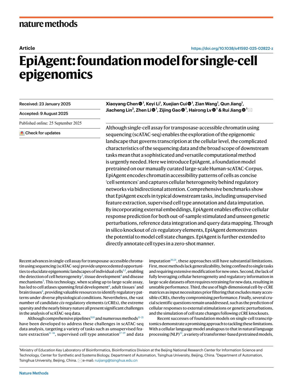 Epiagent Foundation Model For Singlecell Epigenomics Xiaoyang Chen Keyi Li Xuejian Cui Zian Wang Qun Jiang Jiacheng Lin Zhen Li Zijing Gao Hairong Lv Rui Jiang