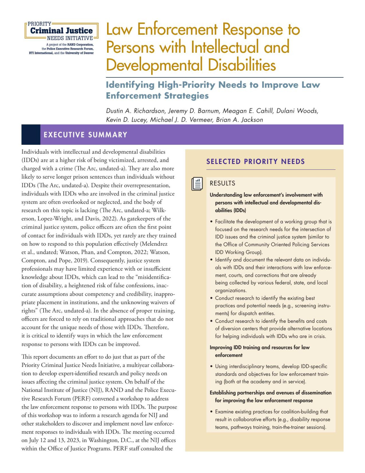 Law Enforcement Response To Persons With Intellectual And Developmental Disabilities Identifying Highpriority Needs To Improve Law Enforcement Strategies Dustin A Richardson
