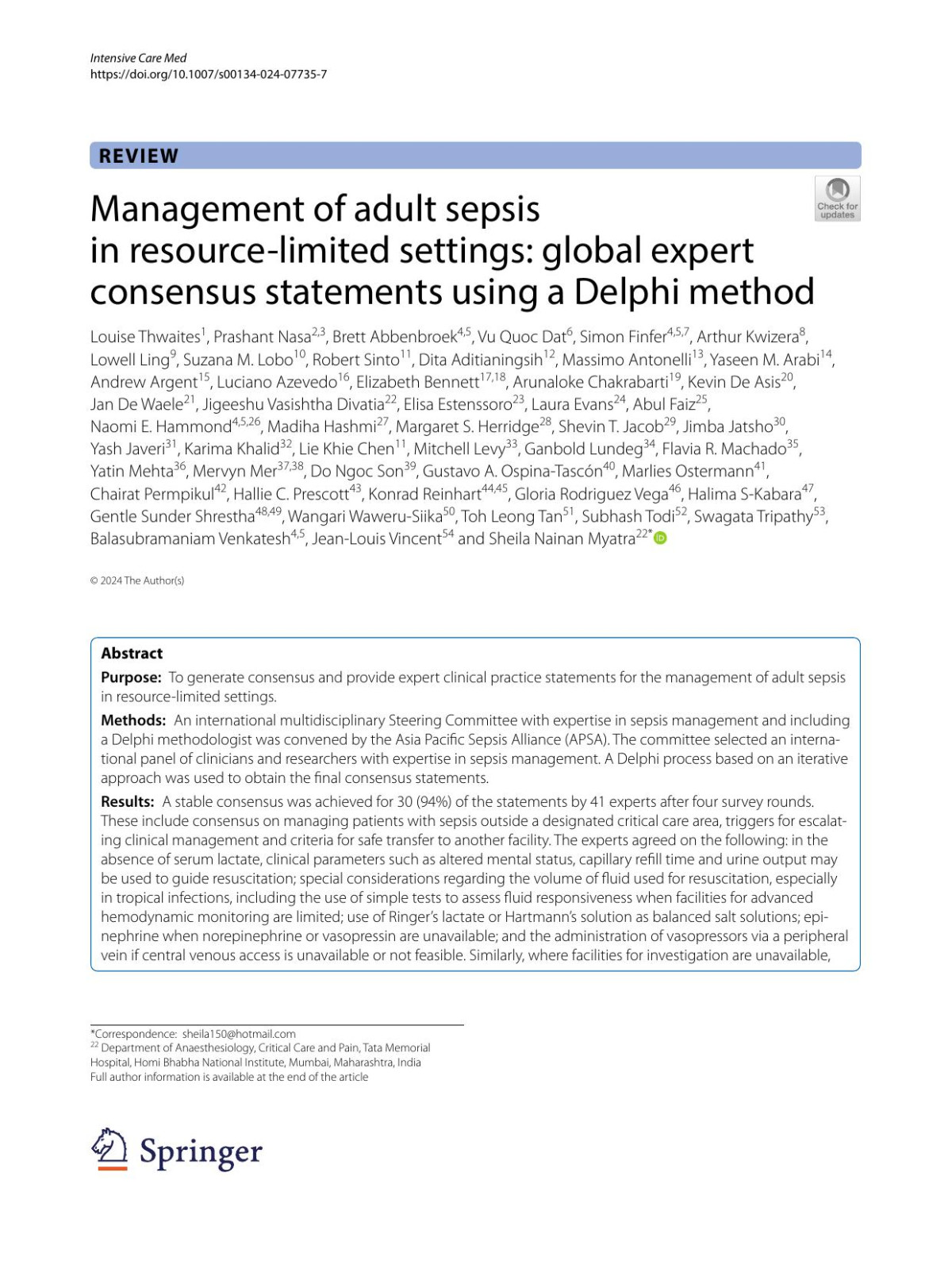 Management Of Adult Sepsis In Resourcelimited Settings Global Expert Consensus Statements Using A Delphi Method Intensive Care Med 2024pdf Louise Thwaites Prashant Nasa Brett Abbenbroek Vu Quoc Dat Simon Finfer Arthur Kwizera Lowell Ling Suzana M Lobo Robert Sinto Dita Aditianingsih Massimo Antonelli Yaseen M Arabi Andrew Argent Luciano Azevedo Elizabeth