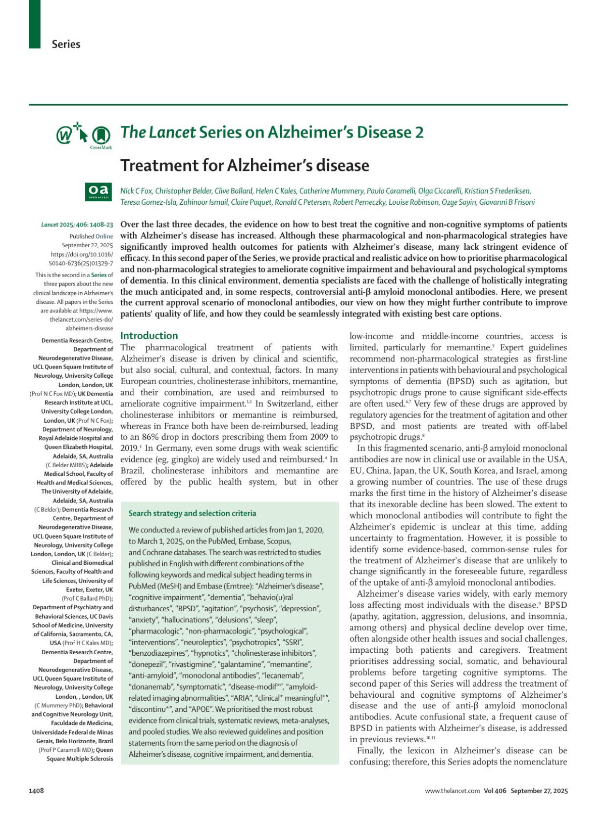 Treatment For Alzheimers Disease Prof Nick C Fox Md Christopher Belder Mbbs Prof Clive Ballard Phd Prof Helen C Kales Md Catherine Mummery Phd Prof Paulo Caramelli Md Prof Olga Ciccarelli Phd Kristian S Frederiksen Phd Prof Teresa Gomezisla Md Prof Zahinoor Ismail