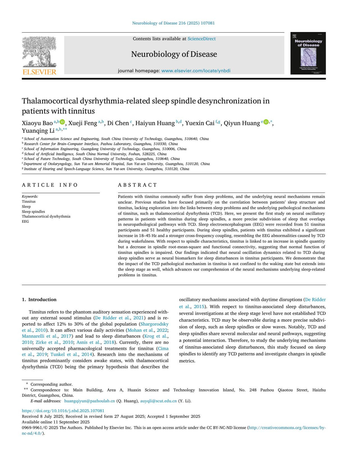 Thalamocortical Dysrhythmiarelated Sleep Spindle Desynchronization In Patients With Tinnitus Xiaoyu Bao