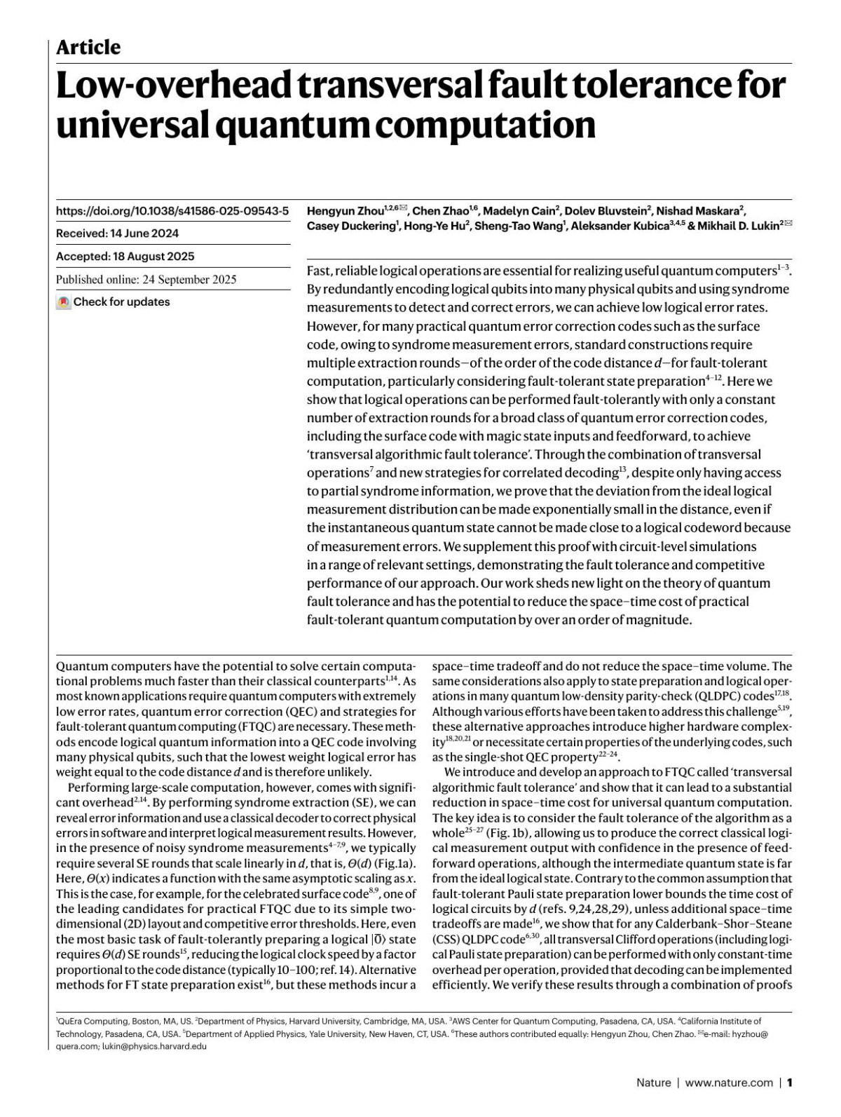 Lowoverhead Transversal Fault Tolerance For Universal Quantum Computation Hengyun Zhou Chen Zhao Madelyn Cain Dolev Bluvstein Nishad Maskara Casey Duckering Hongye Hu Shengtao Wang Aleksander Kubica Mikhail D Lukin
