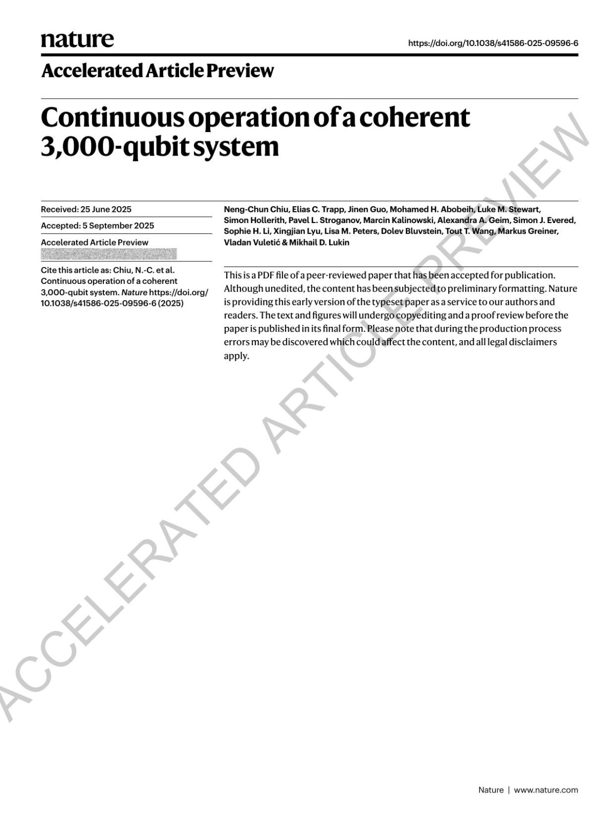 Continuous Operation Of A Coherent 3000qubit System Nengchun Chiu Elias C Trapp Jinen Guo Mohamed H Abobeih Luke M Stewart Simon Hollerith Pavel L Stroganov Marcin Kalinowski Alexandra A Geim Simon J Evered Sophie H Li Xingjian Lyu Lisa M Peters Dolev Bluvstein Tout