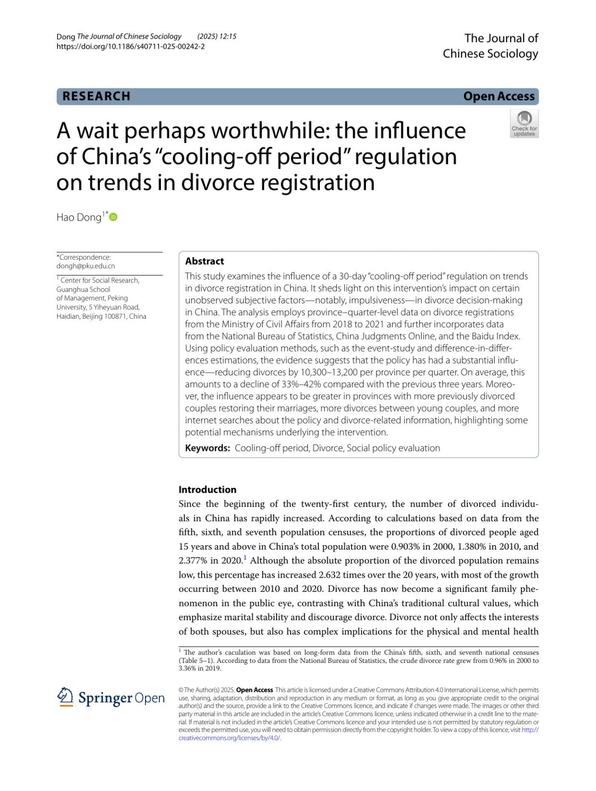 A Wait Perhaps Worthwhile The Influence Of Chinas Coolingoff Period Regulation On Trends In Divorce Registration I Hao Dong