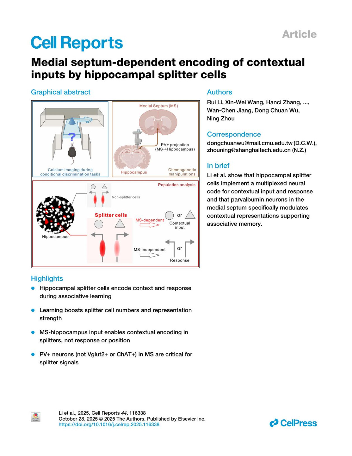 Medial Septumdependent Encoding Of Contextual Inputs By Hippocampal Splitter Cells Rui Li