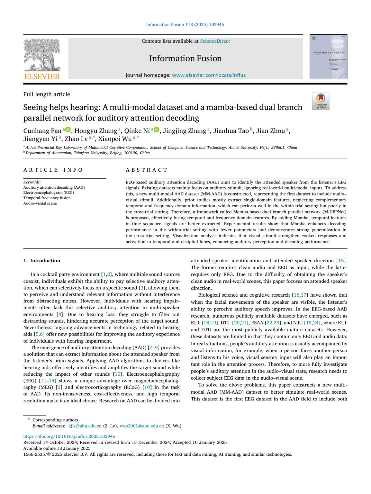 Seeing Helps Hearing A Multimodal Dataset And A Mambabased Dual Branch Parallel Network For Auditory Attention Decoding Cunhang Fan