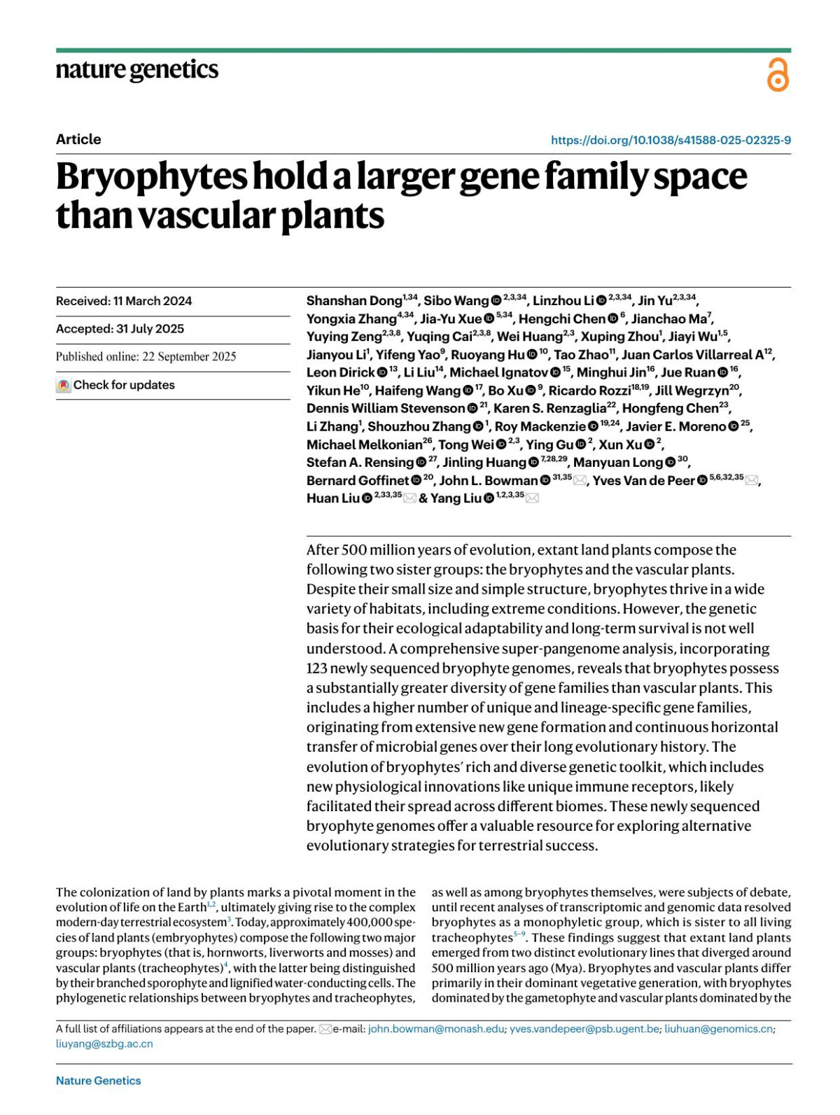 Bryophytes Hold A Larger Gene Family Space Than Vascular Plants Shanshan Dong Sibo Wang Linzhou Li Jin Yu Yongxia Zhang Jiayu Xue Hengchi Chen Jianchao Ma Yuying Zeng Yuqing Cai Wei Huang Xuping Zhou Jiayi Wu Jianyou Li Yifeng Yao Ruoyang Hu Tao Zhao Juan Carlos Villarreal A
