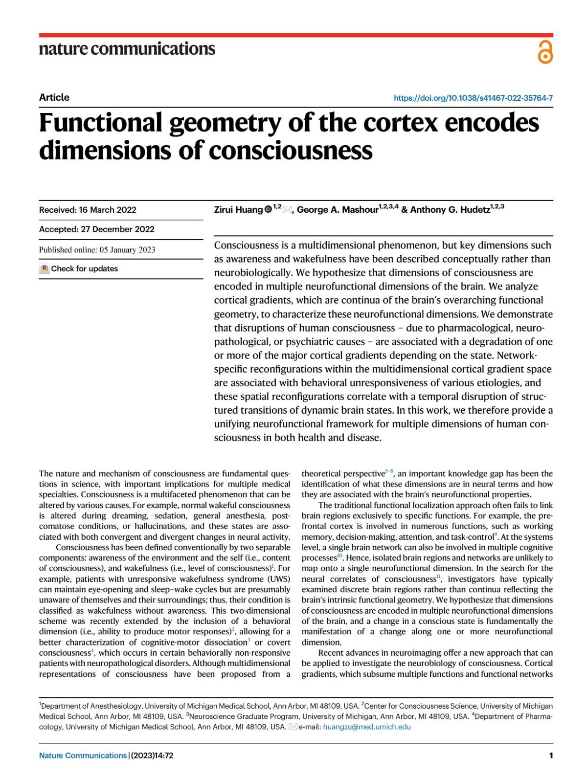 Functional Geometry Of The Cortex Encodes Dimensions Of Consciousness Zirui Huang