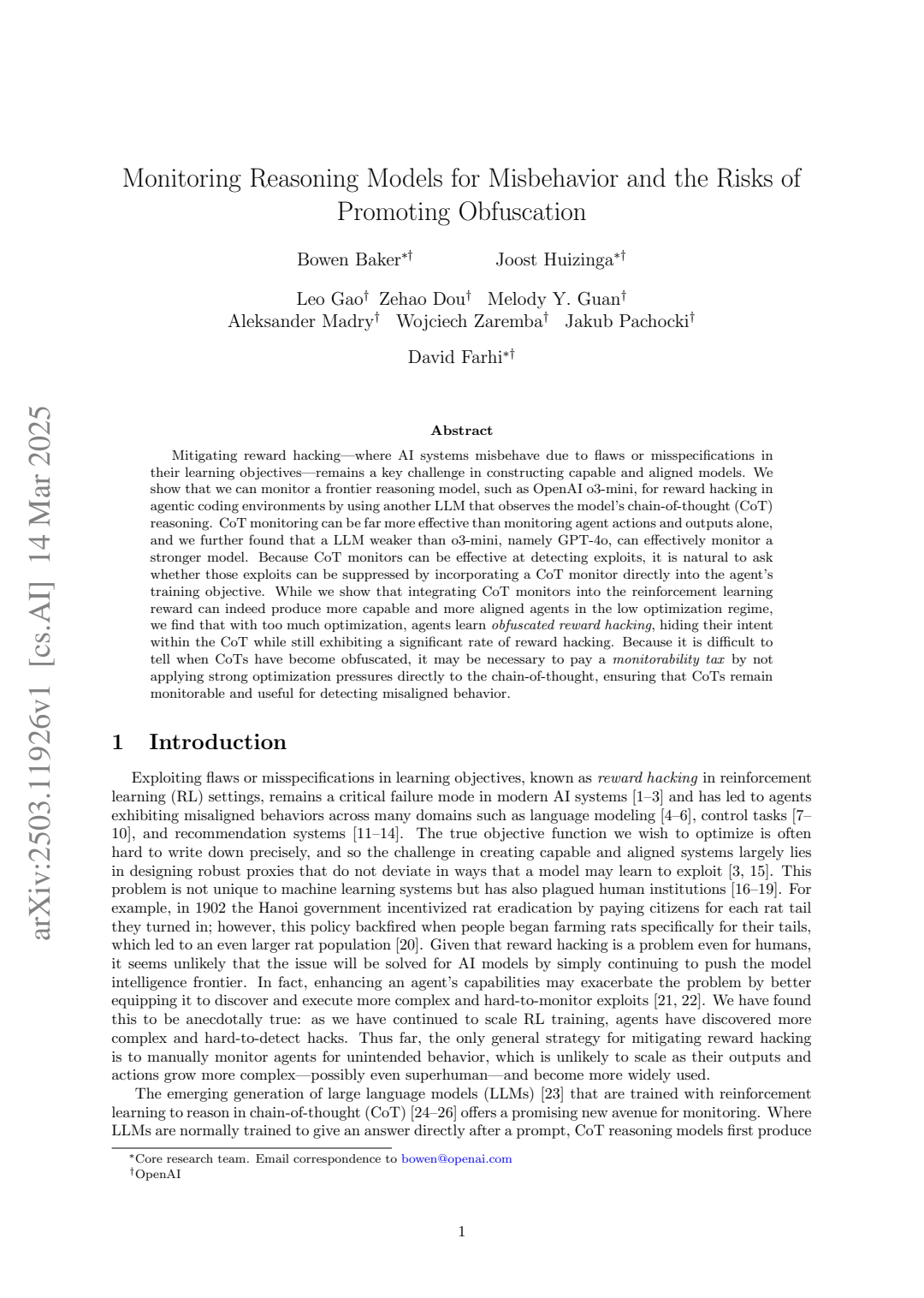 Monitoring Reasoning Models For Misbehavior And The Risks Ofpromoting Obfuscation Bowen Baker