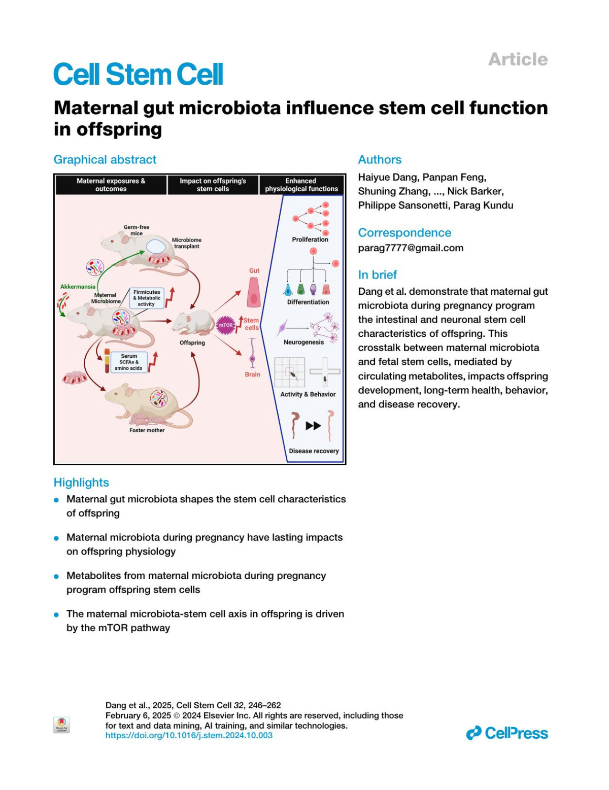 Maternal Gut Microbiota Influence Stem Cell Function In Offspring Haiyue Dang