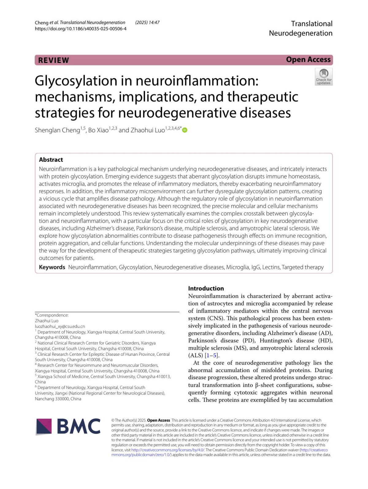 Glycosylation In Neuroinflammation Mechanisms Implications And Therapeutic Strategies For Neurodegenerative Diseases Shenglan Cheng Bo Xiao Zhaohui Luo