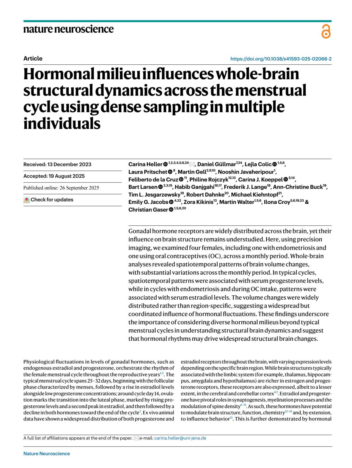 Hormonal Milieu Influences Wholebrain Structural Dynamics Across The Menstrual Cycle Using Dense Sampling In Multiple Individuals Carina Heller Daniel Gampx000fcllmar Lejla Colic Laura Pritschet Martin Gell Nooshin Javaheripour Feliberto Cruz Philine Rojczyk Carina J Koeppel Bart Larsen Habib Ganjgahi Frederik J Lange Annchristine Buck Tim L