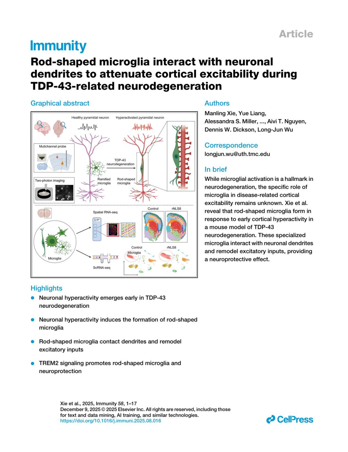 Rodshaped Microglia Interact With Neuronal Dendrites To Attenuate Cortical Excitability During Tdp43related Neurodegeneration Manling Xie Yue Liang Alessandra S Miller Praveen N Pallegar Anthony D Umpierre Na Wang Shuwen Zhang Nagaswaroop Kengunte Nagaraj Zachary C Fogarty Nikhil B Ghayal Björn Oskarsson Shunyi Zhao Jiaying Zheng Wu Shi