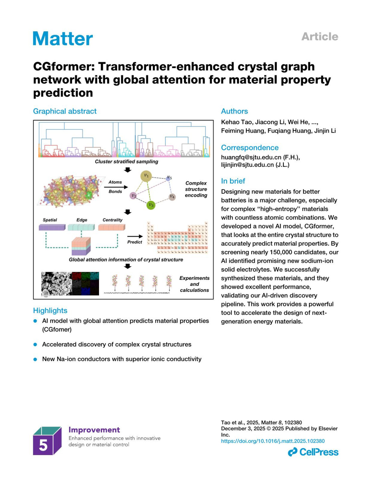 Cgformer Transformerenhanced Crystal Graphnetwork With Global Attention For Material Propertyprediction 102380 December 3 2025 Kehao Tao Jiacong Li Wei He An Chen Yanqiang Han Feiming Huang Fuqiang Huang Jinjin Li