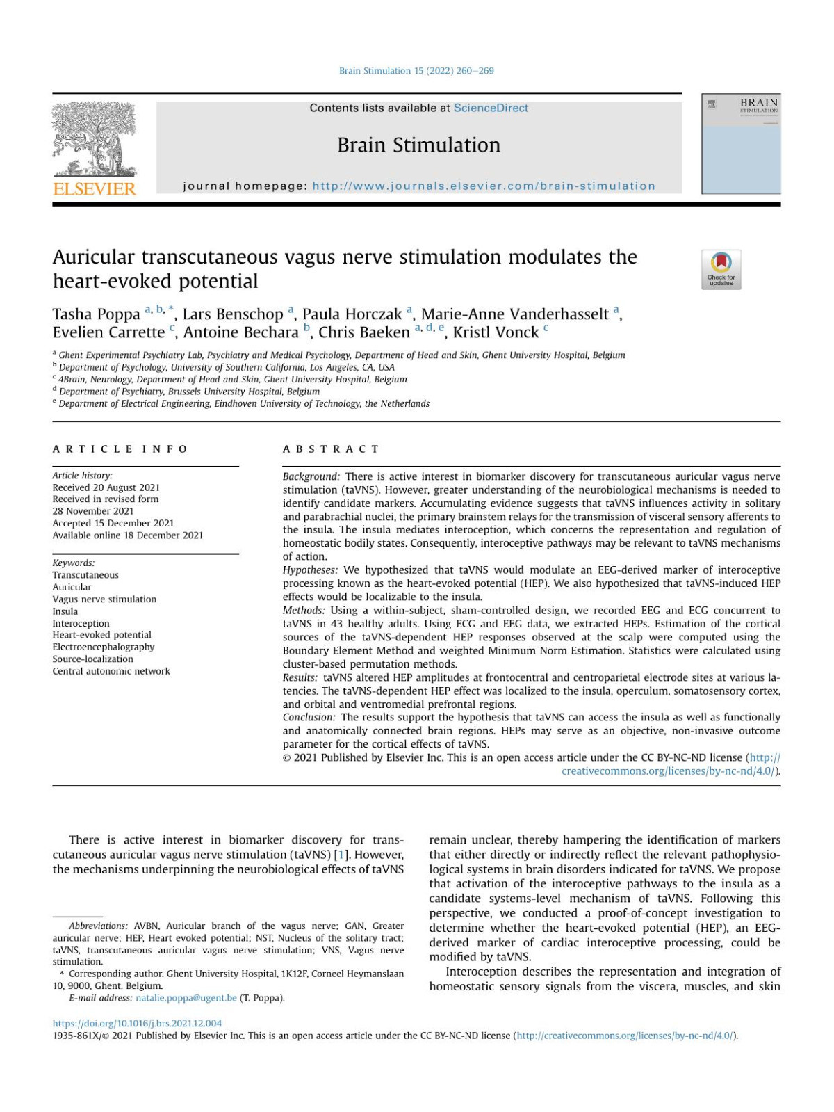 Auricular Transcutaneous Vagus Nerve Stimulation Modulates The Heartevoked Potential Tasha Poppa Lars Benschop Paula Horczak Marieanne Vanderhasselt Evelien Carrette Antoine Bechara Chris Baeken Kristl Vonck