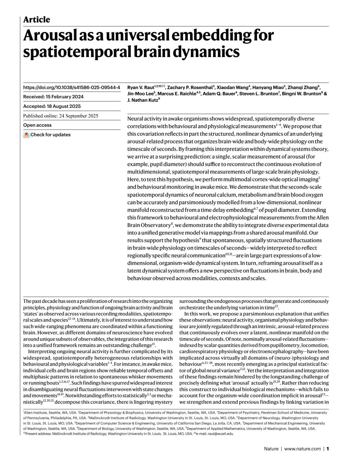 Arousal As A Universal Embedding For Spatiotemporal Brain Dynamics Ryan V Raut Zachary P Rosenthal Xiaodan Wang Hanyang Miao Zhanqi Zhang Jinmoo Lee Marcus E Raichle Adam Q Bauer Steven L Brunton Bingni W Brunton J Nathan Kutz