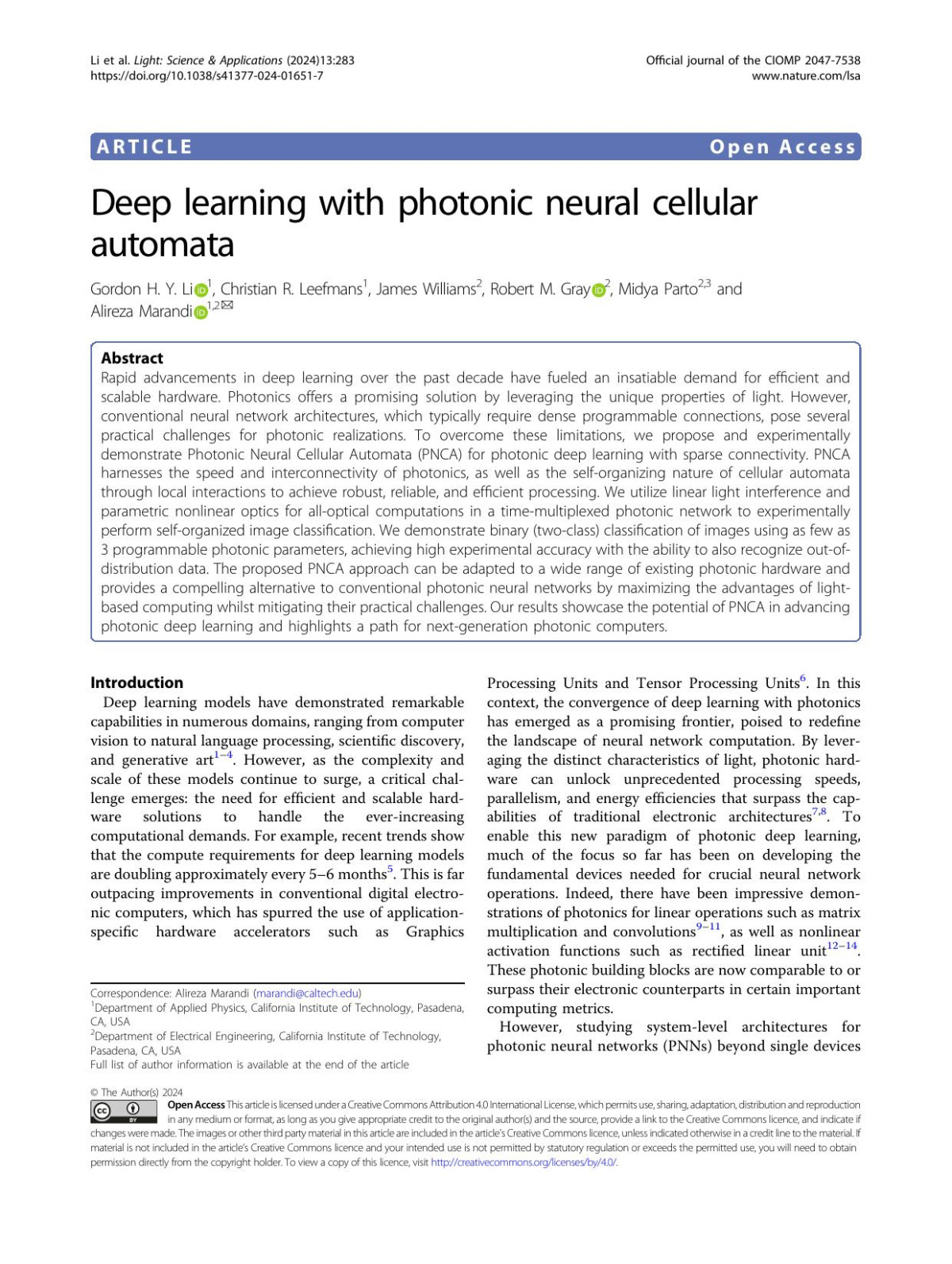 Deep Learning With Photonic Neural Cellular Automata Gordon H Y Li Christian R Leefmans James Williams Robert M Gray Midya Parto Alireza Marandi