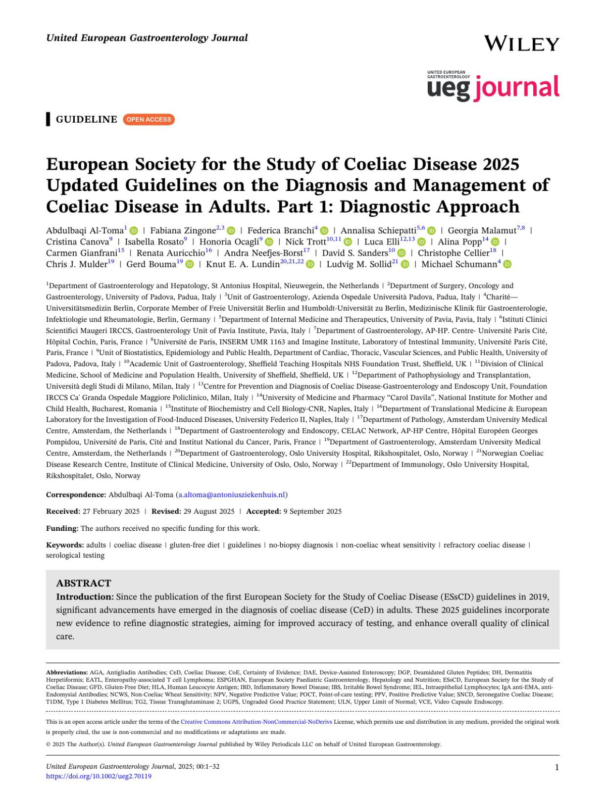 European Society For The Study Of Coeliac Disease 2025 Updated Guidelines On The Diagnosis And Management Of Coeliac Disease In Adults Part 1 Diagnostic Approach Abdulbaqi Altoma1 Fabiana Zingone2