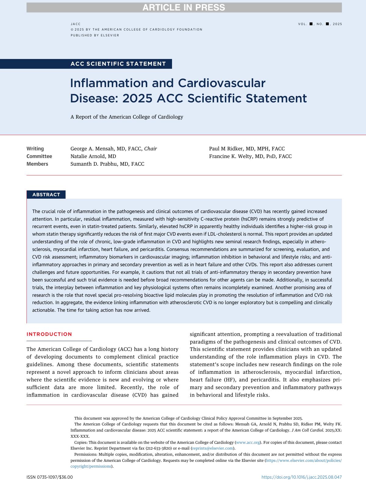 Inflammation And Cardiovascular Disease 2025 Acc Scientific Statement George A Mensah Md Facc Natalie Arnold Md Sumanth D Prabhu Md Facc Paul M Ridker Md Mph Facc Francine K Welty Md Phd Facc