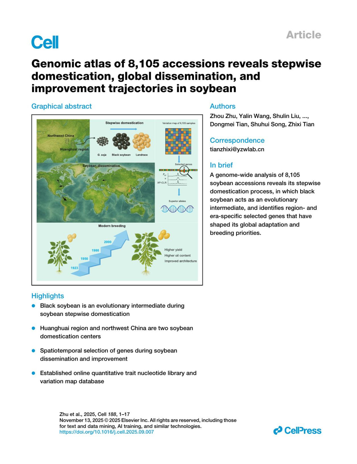 Genomic Atlas Of 8105 Accessions Reveals Stepwisedomestication Global Disseminationand Improvement Trajectories In Soybean Zhou Zhu Yalin Wang Shulin Liu Shoudong Wang Juxu Li Chao Fang Yucheng Liu Xiaoyue Yang Dongmei Tian Shuhui Song Zhixi Tian