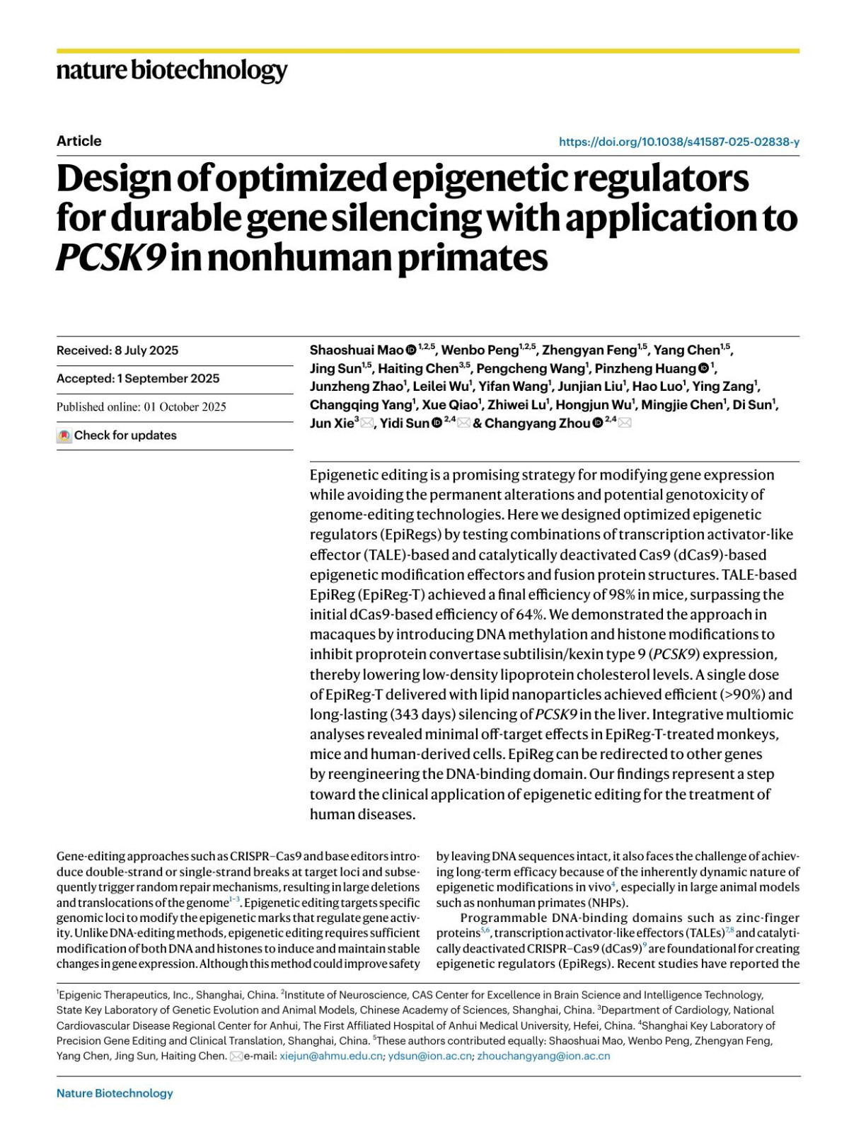 Design Of Optimized Epigenetic Regulators For Durable Gene Silencing With Application To Pcsk9 In Nonhuman Primates Shaoshuai Mao Wenbo Peng Zhengyan Feng Yang Chen Jing Sun Haiting Chen Pengcheng Wang Pinzheng Huang Junzheng Zhao Leilei Wu Yifan Wang Junjian Liu Hao Luo Ying Zang Changqing Yang Xue Qiao Zhiwei Lu Hongjun Wu