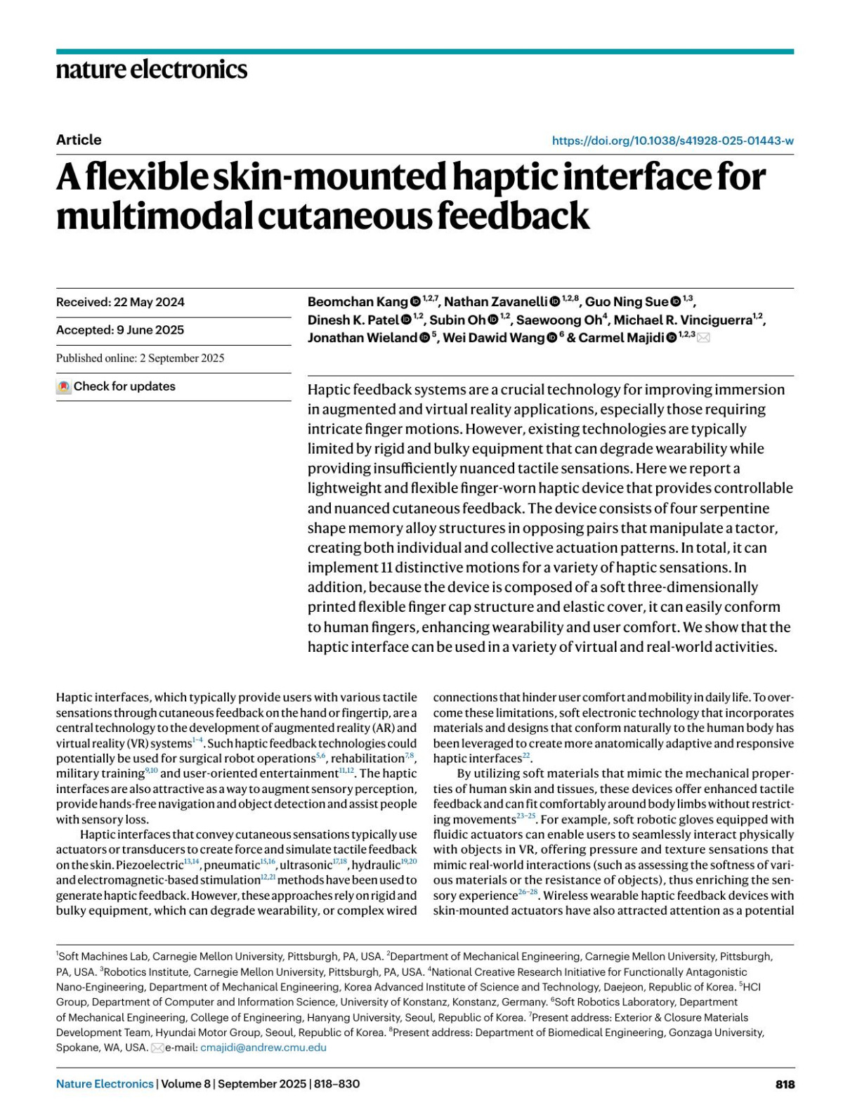 A Flexible Skinmounted Haptic Interface For Multimodal Cutaneous Feedback Beomchan Kang Nathan Zavanelli Guo Ning Sue Dinesh K Patel Subin Oh Saewoong Oh Michael R Vinciguerra Jonathan Wieland Wei Dawid Wang Carmel Majidi