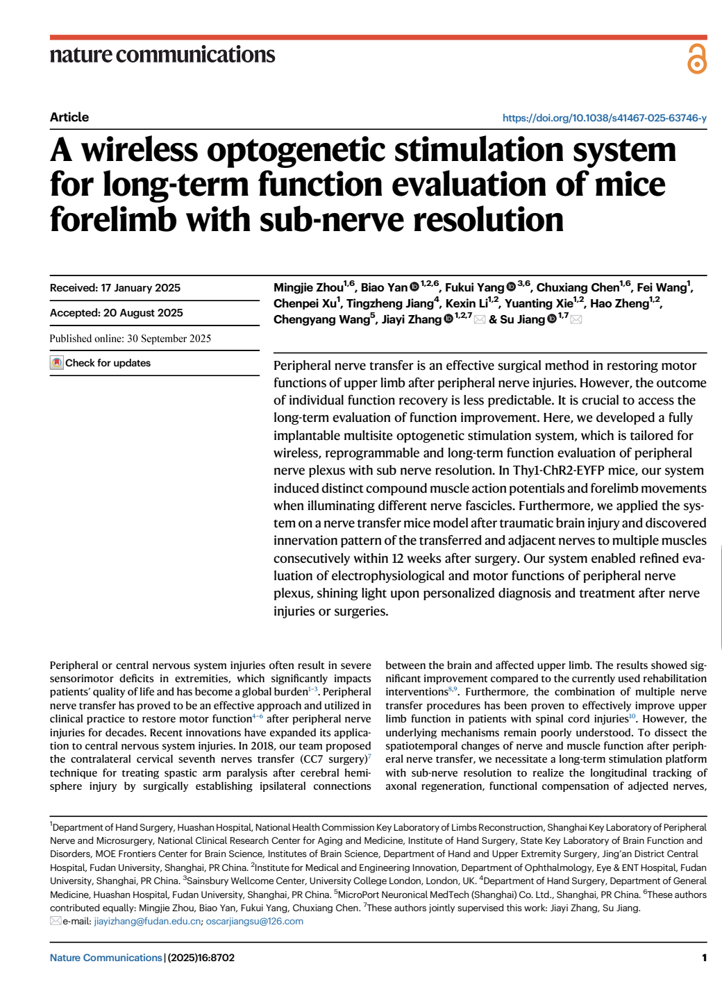 A Wireless Optogenetic Stimulation System For Longterm Function Evaluation Of Mice Forelimb With Subnerve Resolution Mingjie Zhou Biao Yan Fukui Yang Chuxiang Chen Fei Wang Chenpei Xu Tingzheng Jiang Kexin Li Yuanting Xie Hao Zheng Chengyang Wang Jiayi Zhang Su Jiang