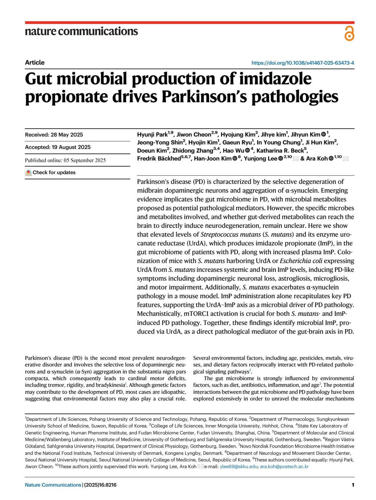 Gut Microbial Production Of Imidazole Propionate Drives Parkinsonâtms Pathologies Hyunji Park Jiwon Cheon Hyojung Kim Jihye Kim Jihyun Kim Jeongyong Shin Hyojin Kim Gaeun Ryu In Young Chung Ji Hun Kim Doeun Kim Zhidong Zhang Hao Wu Katharina R Beck Fredrik Bäckhed Hanjoon Kim Yunjong Lee Ara Koh