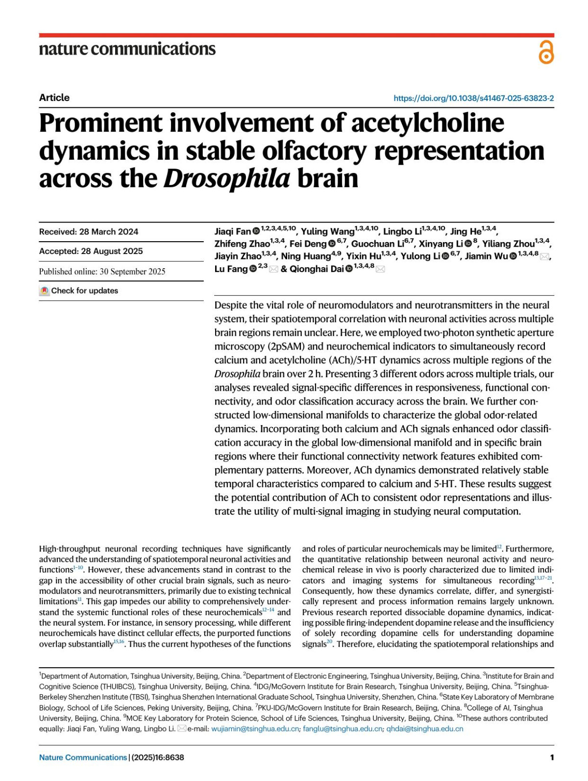 Prominent Involvement Of Acetylcholine Dynamics In Stable Olfactory Representation Across The Drosophila Brain Jiaqi Fan Yuling Wang Lingbo Li Jing He Zhifeng Zhao Fei Deng Guochuan Li Xinyang Li Yiliang Zhou Jiayin Zhao Ning Huang Yixin Hu Yulong Li Jiamin Wu Lu Fang Qionghai Dai