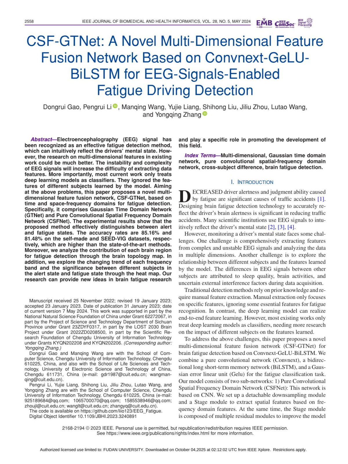 Csfgtnet A Novel Multidimensional Feature Fusion Network Based On Convnextgelu Bilstm For Eegsignalsenabled Fatigue Driving Detection Dongrui Gao Pengrui Li Manqing Wang Yujie Liang Shihong Liu Jiliu Zhou Lutao Wang Yongqing Zhang
