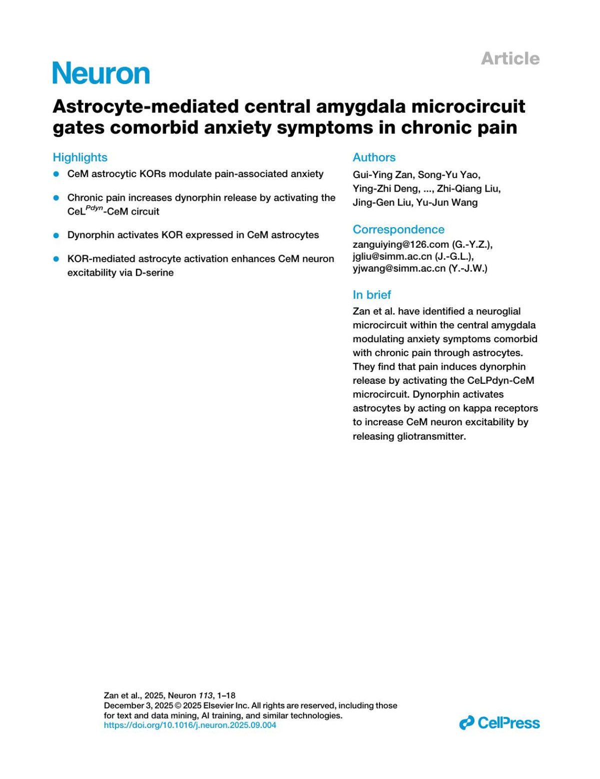 Astrocytemediated Central Amygdala Microcircuit Gates Comorbid Anxiety Symptoms In Chronic Pain Guiying Zan Songyu Yao Yingzhi Deng Yunhao Jiang Rufeng Ye Yexiang Chen Jiandong Long Yingjie Cheng Jingrui Chai Chi Xu Min Zhao Zhiqiang Liu Jinggen Liu Yujun Wang