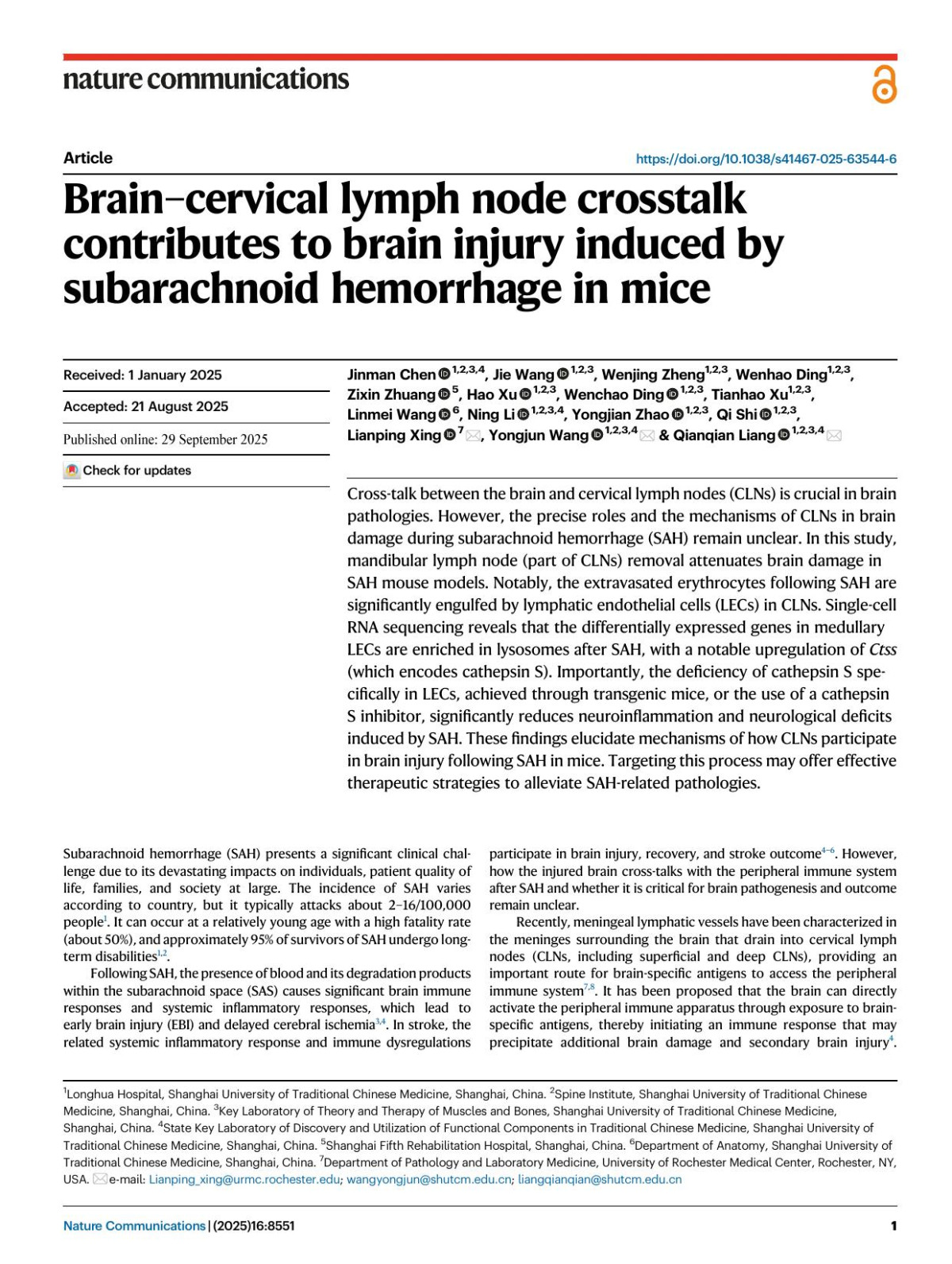 Braincervical Lymph Node Crosstalk Contributes To Brain Injury Induced By Subarachnoid Hemorrhage In Mice Jinman Chen Jie Wang Wenjing Zheng Wenhao Ding Zixin Zhuang Hao Xu Wenchao Ding Tianhao Xu Linmei Wang Ning Li Yongjian Zhao Qi Shi Lianping Xing Yongjun Wang Qianqian Liang