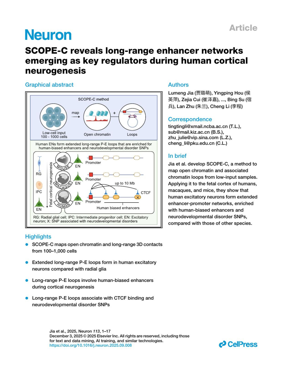 Scopec Reveals Longrange Enhancer Networksemerging As Key Regulatorsduring Human Cortical Neurogenesis Lumeng Jia 贾璐萌 Yingping Hou 侯英萍 Zejia Cui 崔泽嘉 Xin Luo 罗鑫 Jiali Duan 段佳丽 Jianbin Guo 郭建宾 Benhui You 游本会 Qing Fang 方青 Xiaotian Wang 王啸天 Minglei Shi 师明磊 Hebing Chen 陈河兵 Fengyun Zhang 张凤云 Jingyun Mo 莫静韵
