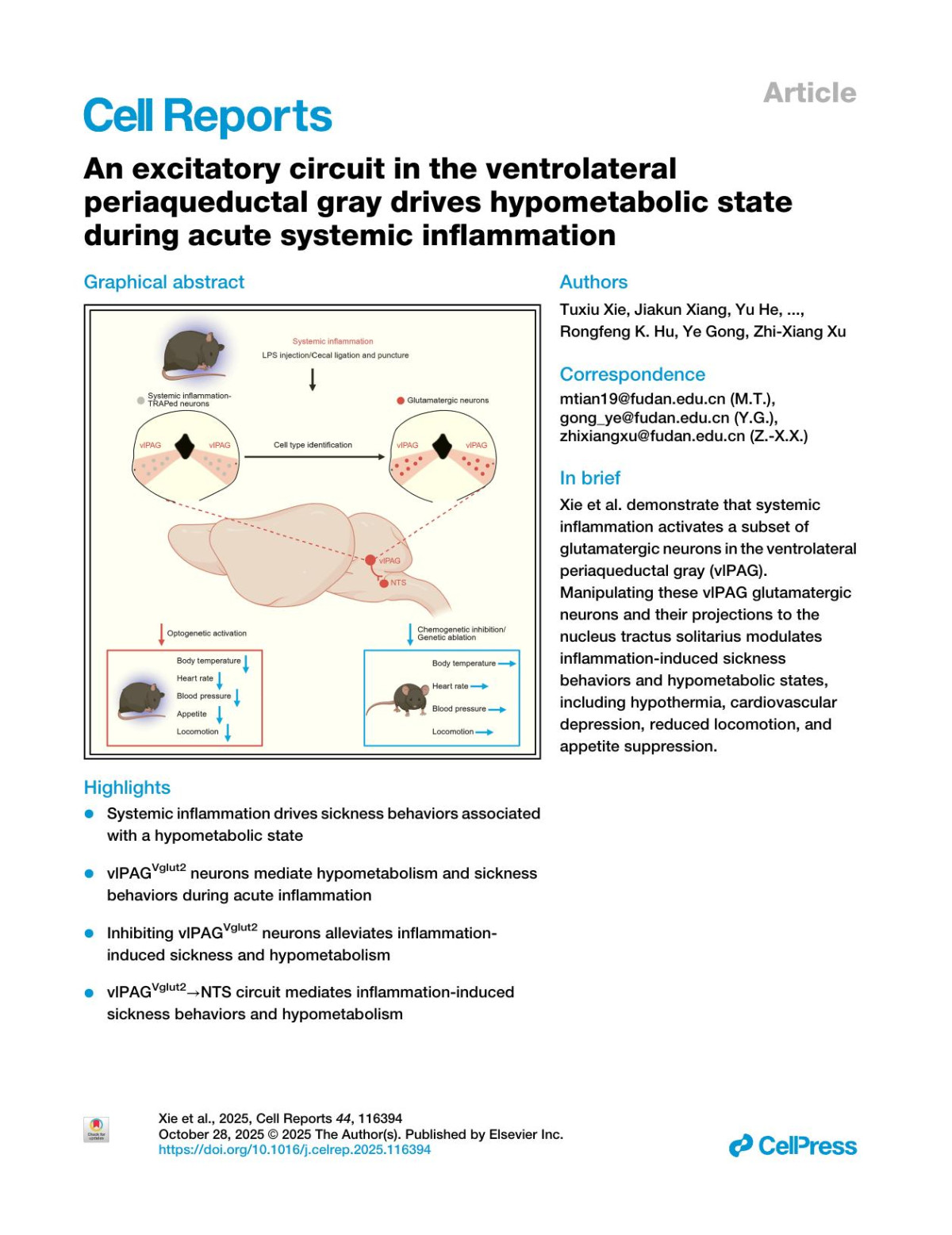 An Excitatory Circuit In The Ventrolateralperiaqueductal Gray Drives Hypometabolic Stateduring Acute Systemic Inflammation Tuxiu Xie Jiakun Xiang Yu He Mi Tian Wei Zhan Lingyang Hua Shuixiang Deng Rui Pan Yunling Gao Ming Chen Rongfeng K Hu Ye Gong Zhixiang Xu