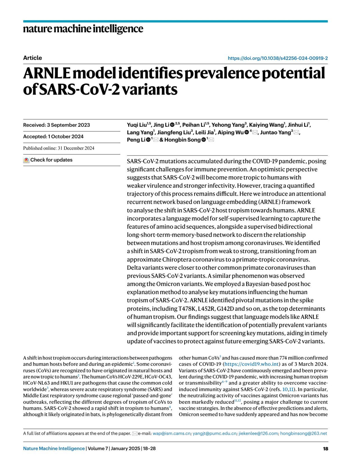 Arnle Model Identifies Prevalence Potential Of Sarscov2 Variants Yuqi Liu Jing Li Peihan Li Yehong Yang Kaiying Wang Jinhui Li Lang Yang Jiangfeng Liu Leili Jia Aiping Wu Juntao Yang Peng Li Hongbin Song