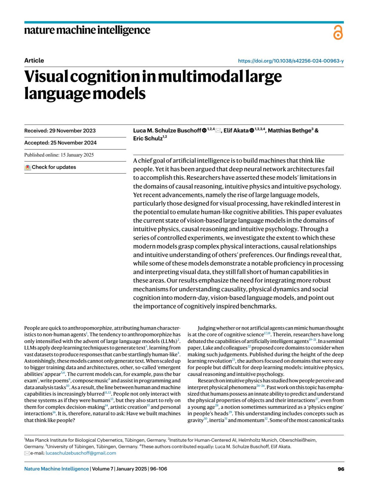 Visual Cognition In Multimodal Large Language Models Luca M Schulze Buschoff Elif Akata Matthias Bethge Eric Schulz