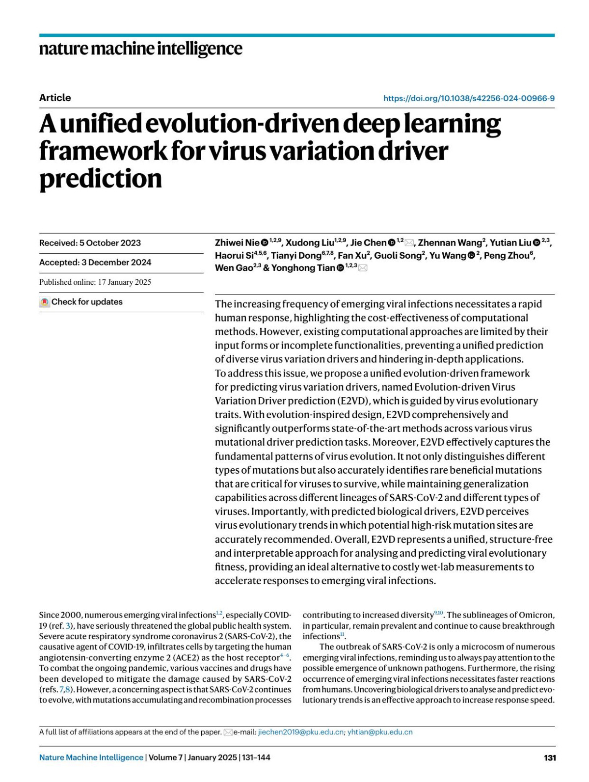 A Unified Evolutiondriven Deep Learning Framework For Virus Variation Driver Prediction Zhiwei Nie Xudong Liu Jie Chen Zhennan Wang Yutian Liu Haorui Si Tianyi Dong Fan Xu Guoli Song Yu Wang Peng Zhou Wen Gao Yonghong Tian