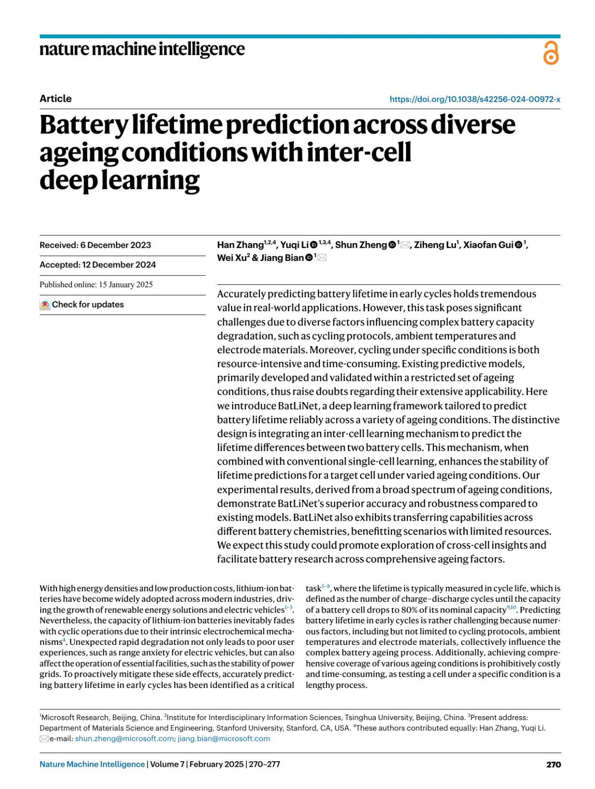 Battery Lifetime Prediction Across Diverse Ageing Conditions With Intercell Deep Learning Han Zhang Yuqi Li Shun Zheng Ziheng Lu Xiaofan Gui Wei Xu Jiang Bian