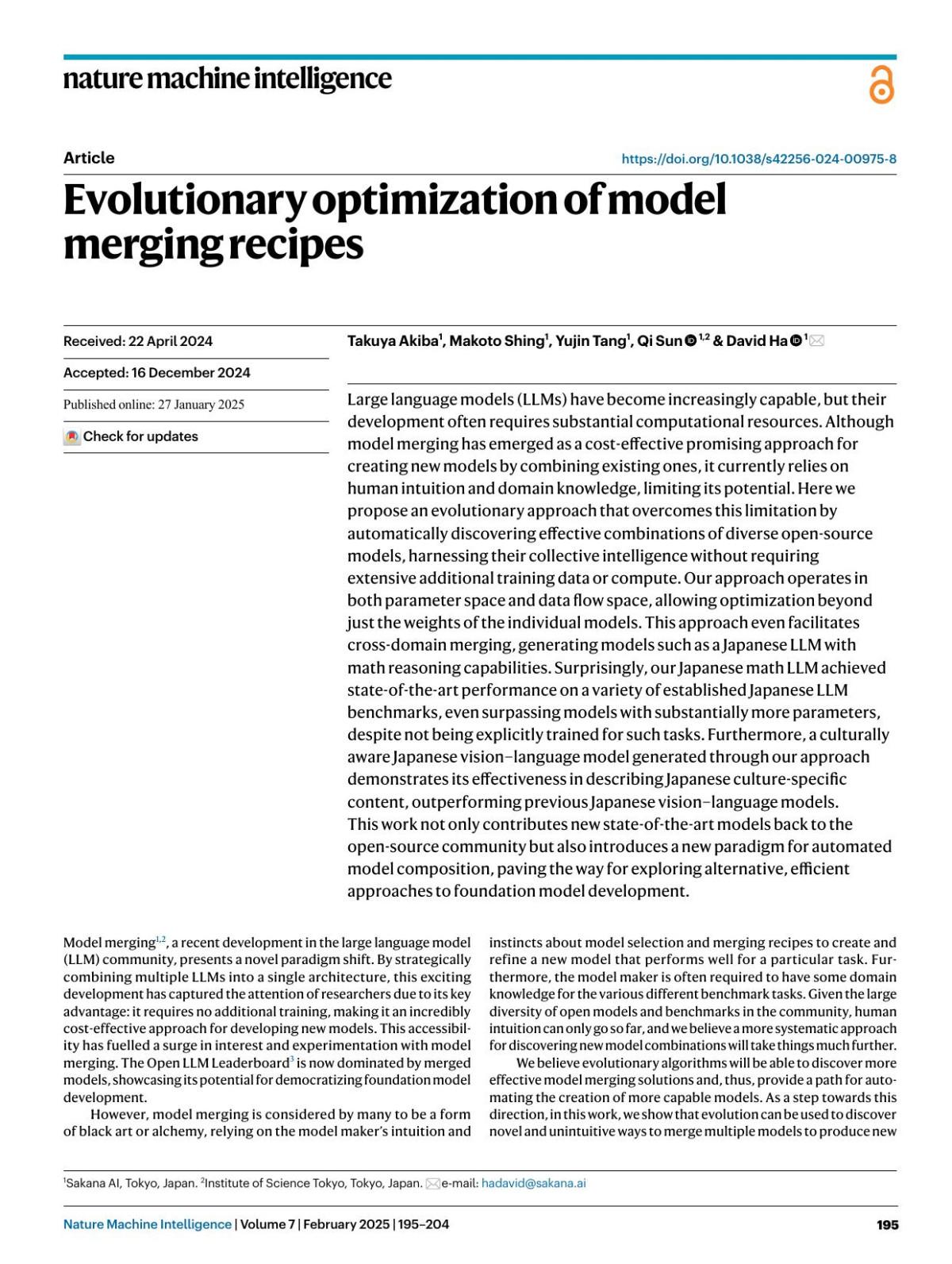 Evolutionary Optimization Of Model Merging Recipes Takuya Akiba Makoto Shing Yujin Tang Qi Sun David Ha