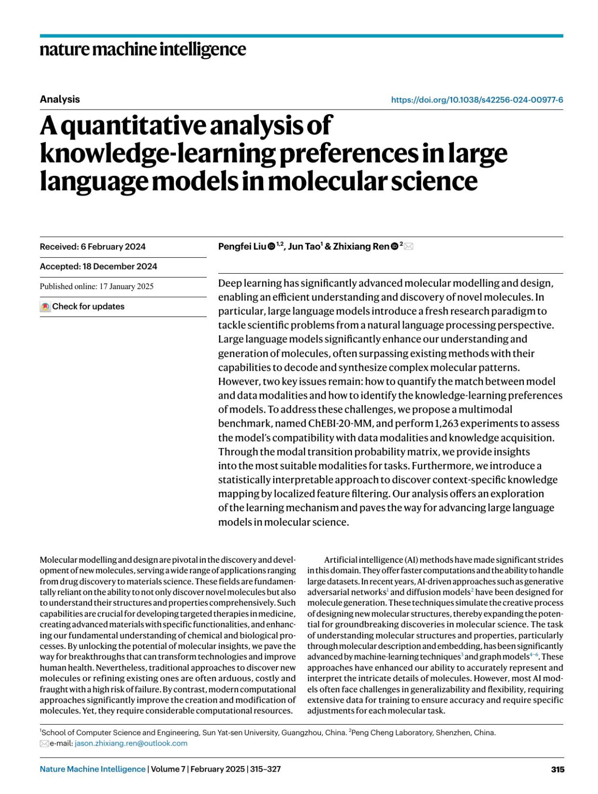 A Quantitative Analysis Of Knowledgelearning Preferences In Large Language Models In Molecular Science Pengfei Liu Jun Tao Zhixiang Ren