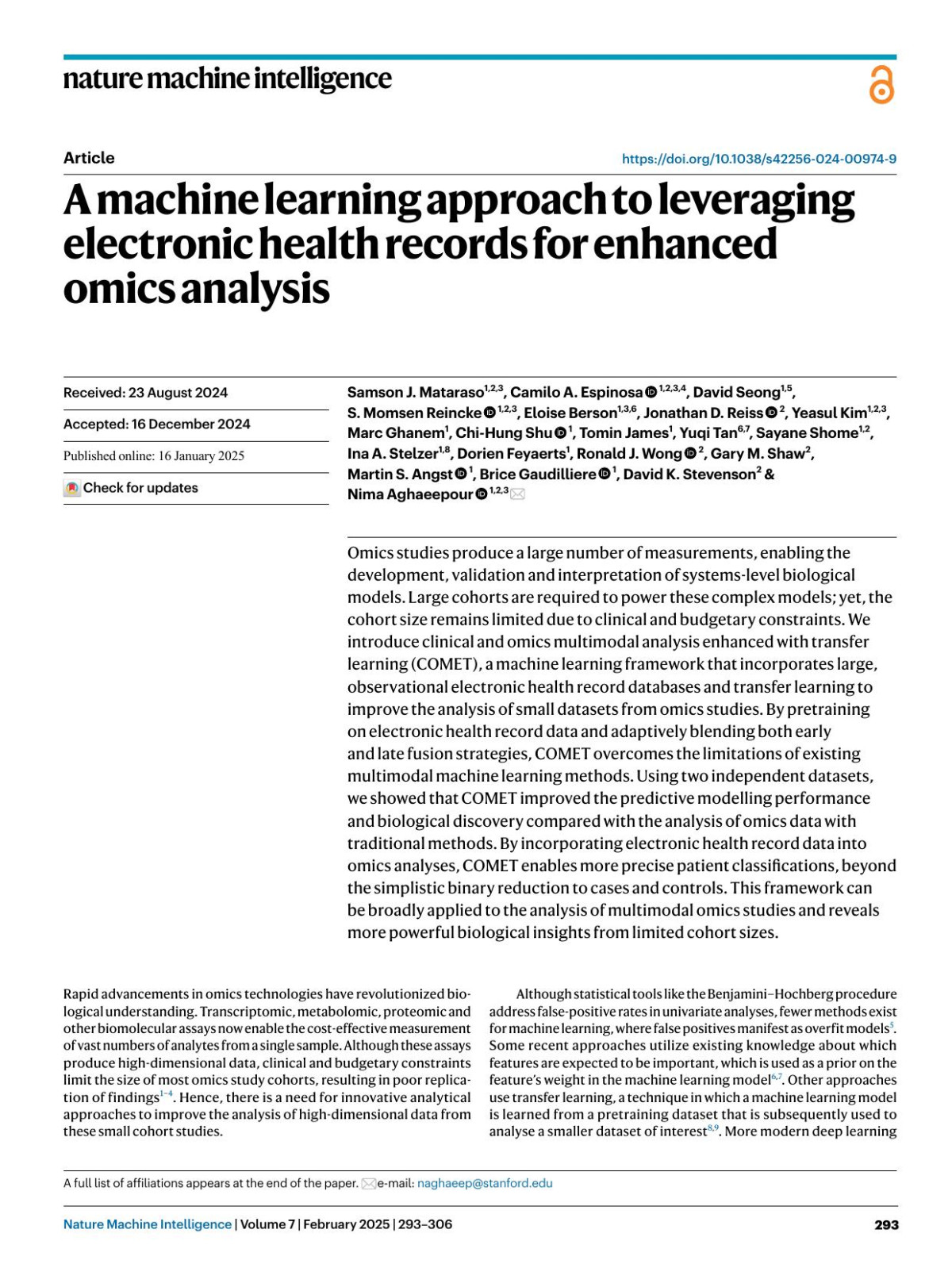 A Machine Learning Approach To Leveraging Electronic Health Records For Enhanced Omics Analysis Samson J Mataraso Camilo A Espinosa David Seong S Momsen Reincke Eloise Berson Jonathan D Reiss Yeasul Kim Marc Ghanem Chihung Shu Tomin James Yuqi Tan Sayane Shome Ina A Stelzer Dorien Feyaerts Ronald J Wong Gary