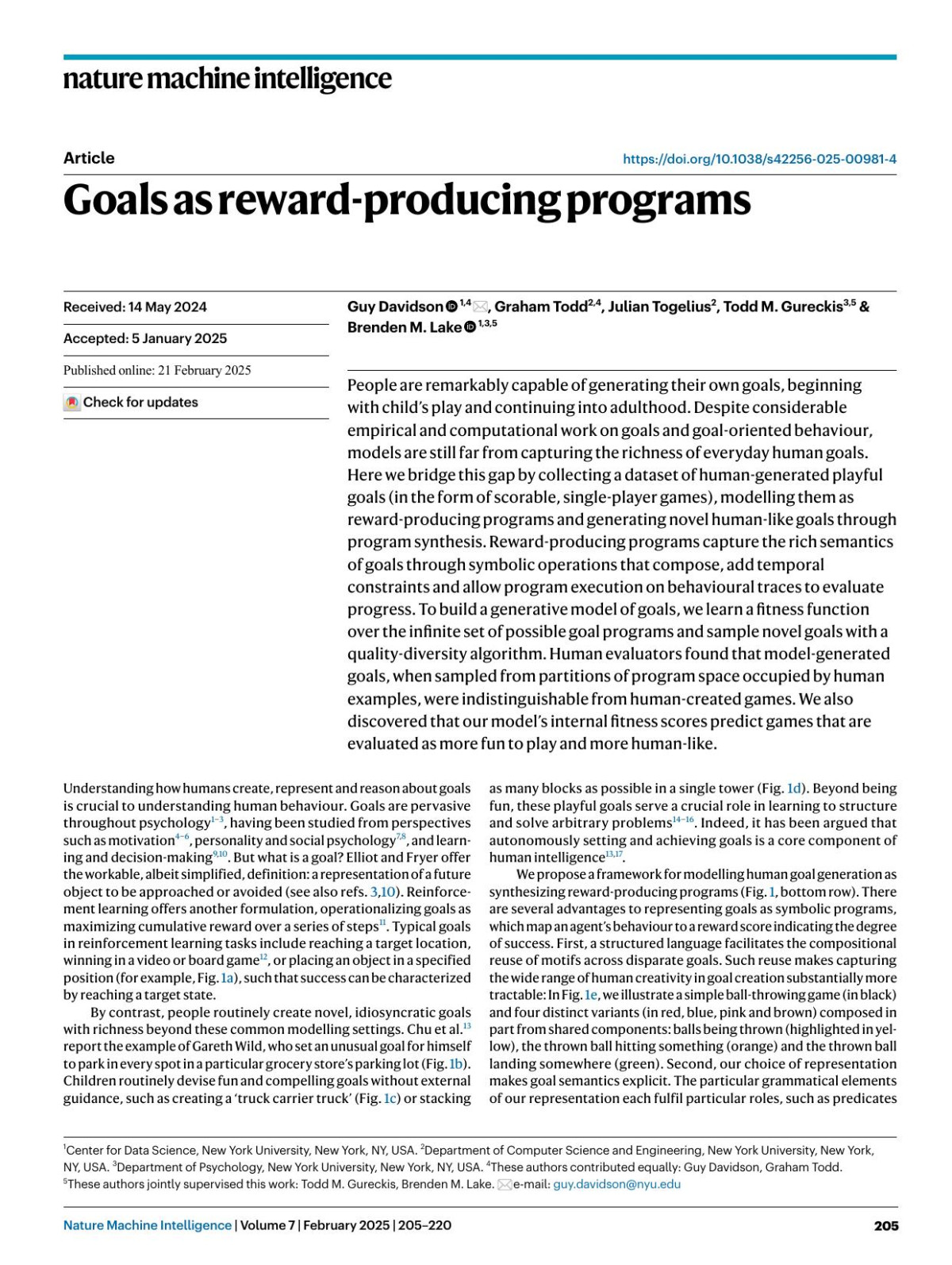 Goals As Rewardproducing Programs Guy Davidson Graham Todd Julian Togelius Todd M Gureckis Brenden M Lake