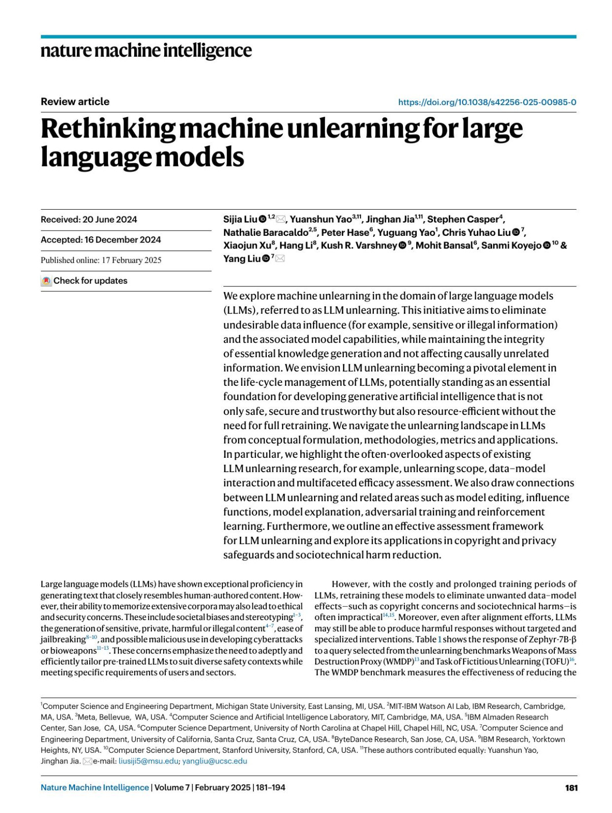 Rethinking Machine Unlearning For Large Language Models Sijia Liu Yuanshun Yao Jinghan Jia Stephen Casper Nathalie Baracaldo Peter Hase Yuguang Yao Chris Yuhao Liu Xiaojun Xu Hang Li Kush R Varshney Mohit Bansal Sanmi Koyejo Yang Liu