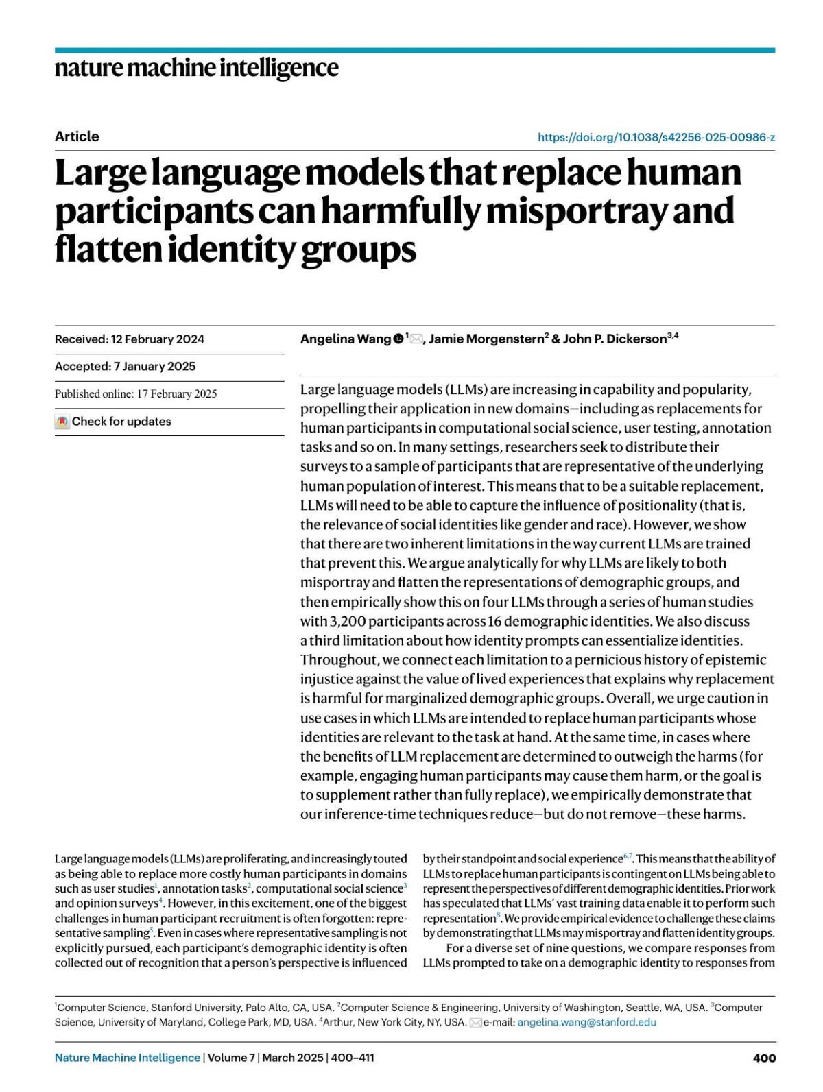Large Language Models That Replace Human Participants Can Harmfully Misportray And Flatten Identity Groups Angelina Wang Jamie Morgenstern John P Dickerson