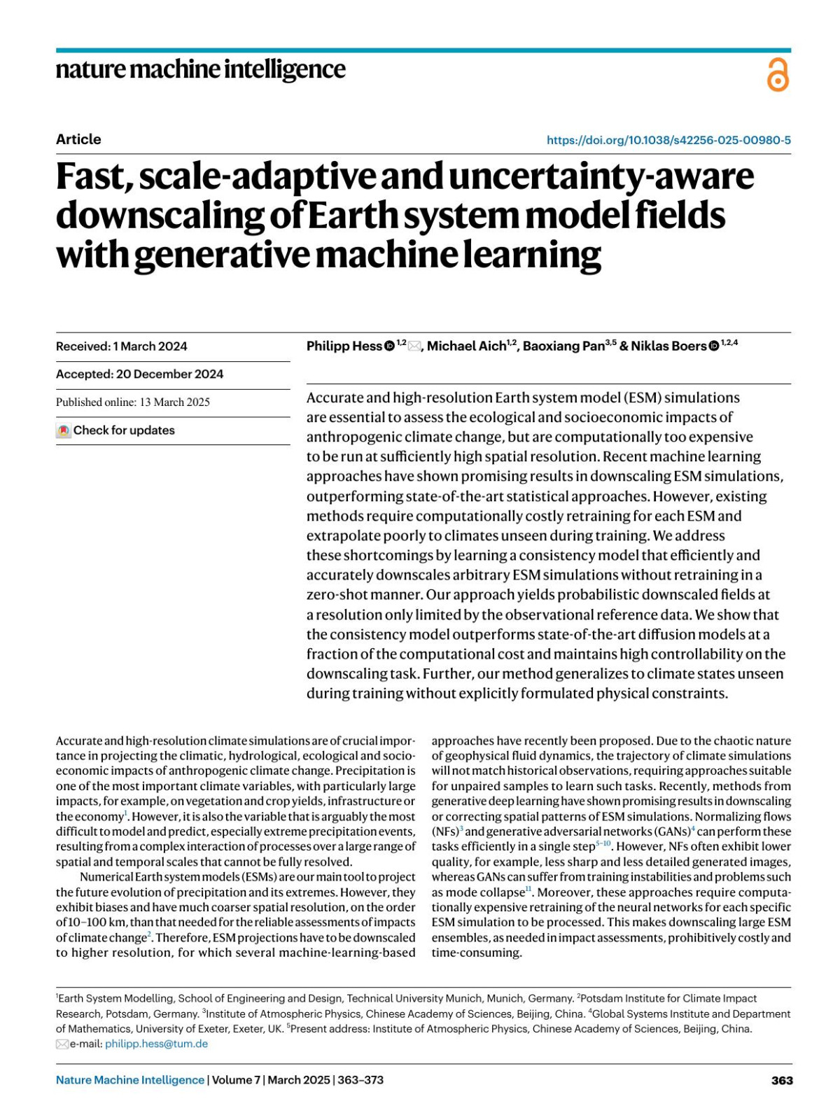 Fast Scaleadaptive And Uncertaintyaware Downscaling Of Earth System Model Fields With Generative Machine Learning Philipp Hess Michael Aich Baoxiang Pan Niklas Boers