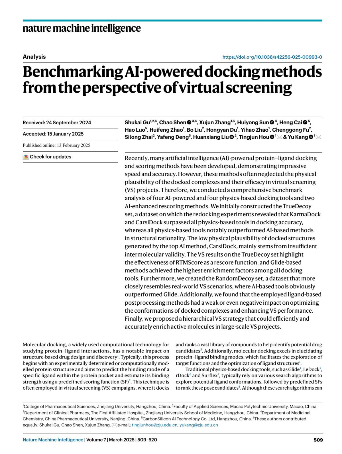 Benchmarking Aipowered Docking Methods From The Perspective Of Virtual Screening Shukai Gu Chao Shen Xujun Zhang Huiyong Sun Heng Cai Hao Luo Huifeng Zhao Bo Liu Hongyan Du Yihao Zhao Chenggong Fu Silong Zhai Yafeng Deng Huanxiang Liu Tingjun Hou Yu Kang